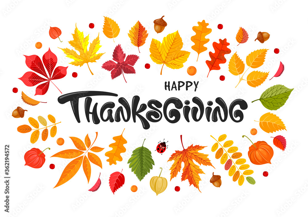 Happy Thanksgiving festive typography lettering with autumn leaves, acorns and physalis. Celebration text for greeting cards, poster, any holiday designs. Horizontal composition. Vector illustration. 