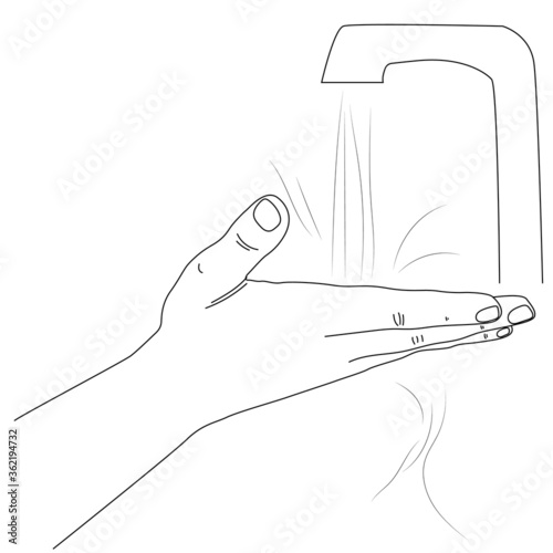 Vector palm under the tap water. Linear illustration about hygiene and hand washing. Stock image about the prevention of coronavirus disease.