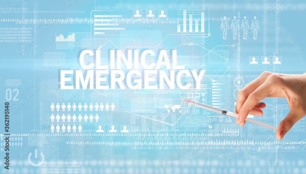 Close-up view of doctor's hand in a white glove holding syringe with CLINICAL EMERGENCY inscription, healthcare and medical concept Close-up view of doctor's hand in a white glove holding syringe with CLINICAL EMERGENCY inscription, healthcare and medical concept