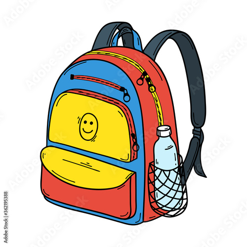 School or sports backpack in Doodle style. With zippered pockets and a water bottle pocket. Briefcase for textbooks. Color vector illustration. Hand drawn, isolated on a white background.