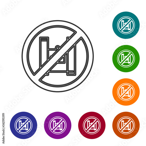 Black line Say no to plastic bags poster icon isolated on white background. Disposable cellophane and polythene package prohibition sign. Set icons in color circle buttons. Vector Illustration.