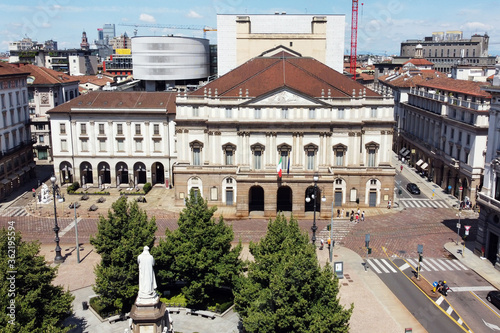 Konstfotografi Italy , Milan July 2020 - Drone panoramic aerial view of Scala Theater after fin