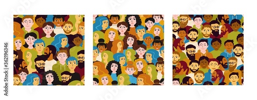 Crowd of people seamless pattern set. Men and women different nationalities funny sad social color design of international community adults adolescents with stylish vector hairstyles.