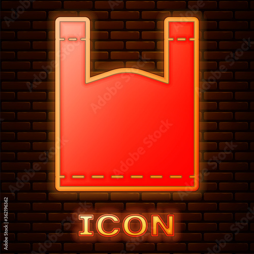 Glowing neon Plastic bag icon isolated on brick wall background. Disposable cellophane and polythene package prohibition sign. Vector Illustration.