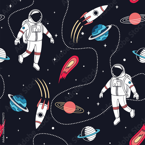 Hand drawn space elements seamless pattern. Space background. Space doodle illustration. Vector illustration. Seamless pattern with cartoon astronauts, space rockets, planets, stars, slogans
