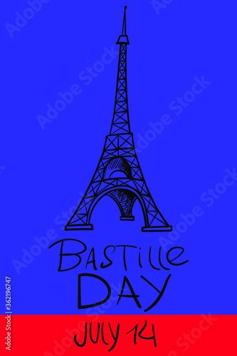 Bastille day July 14. Eiffel Tower in France. Vector illustration in vertical size.