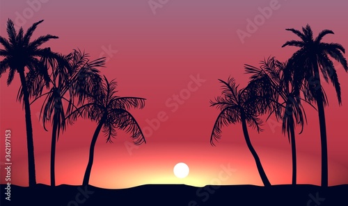 Red sunset and silhouettes of palm alley. Evening tropical beach on background setting sun beautiful paradise coast resort romantic lagoon with exotic vector .
