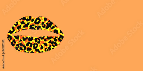 Panorama design of a leopard print lips on orange background panoramic web banner 