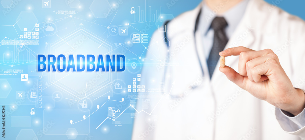 Doctor giving a pill with BROADBAND inscription, new technology solution concept Doctor giving a pill with BROADBAND inscription, new technology solution concept