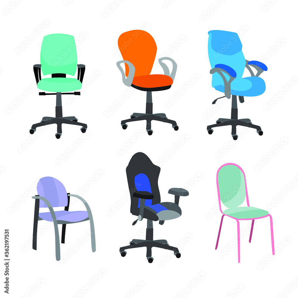 Set of office furniture chairs and armchairs. Office chair and chair for office work vector illustration Set of office furniture chairs and armchairs. Office chair and chair for office work vector illustration