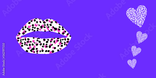 Panorama design of a leopard print lips on purple background panoramic web banner