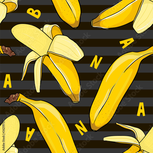 Seamless banana patternon black striped background with yellow letters. Trendy summer food ornament for textile or wallpaper photo