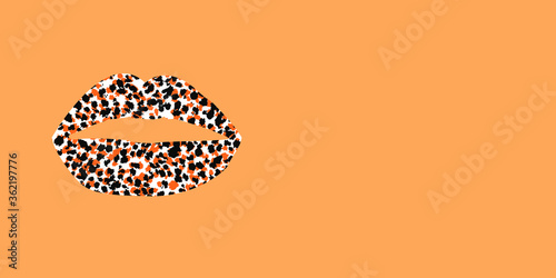 Panorama design of a leopard print lips on orange background panoramic web banner 