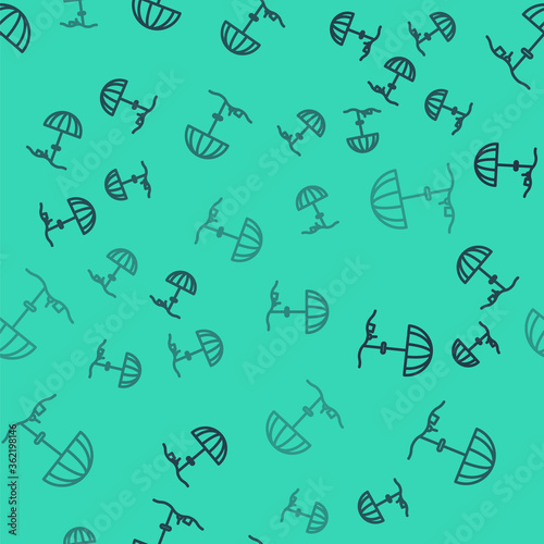 Black line Sun protective umbrella for beach icon isolated seamless pattern on green background. Large parasol for outdoor space. Beach umbrella. Vector Illustration.