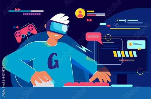 Gamer on pc leads online stream illustration. Esportsman wearing virtual reality glasses broadcasts from his account passage of new game digital tournament of vector entertainment.