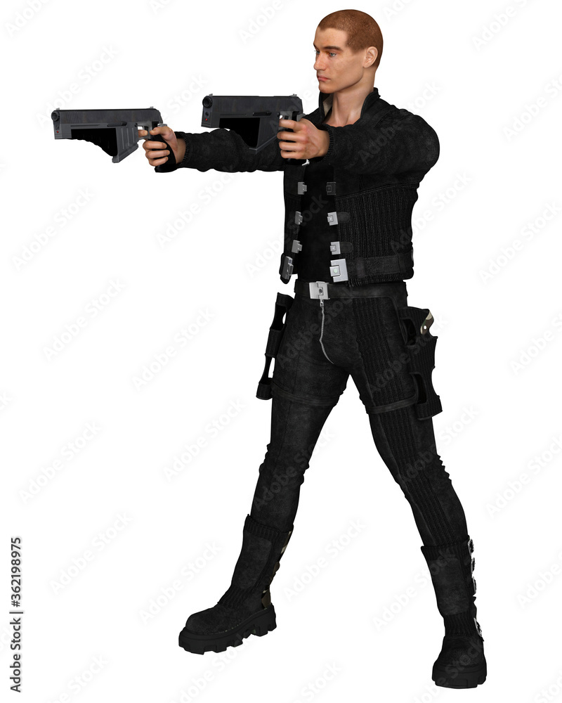 Illustration of a futuristic male soldier of fortune with two guns, 3d digitally rendered illustration Illustration of a futuristic male soldier of fortune with two guns, 3d digitally rendered illustration