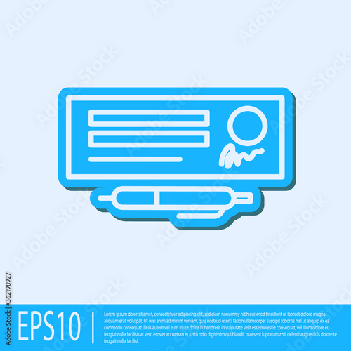 Blue line Blank template of the bank check and pen icon isolated on grey background. Checkbook cheque page with empty fields to fill. Vector Illustration.