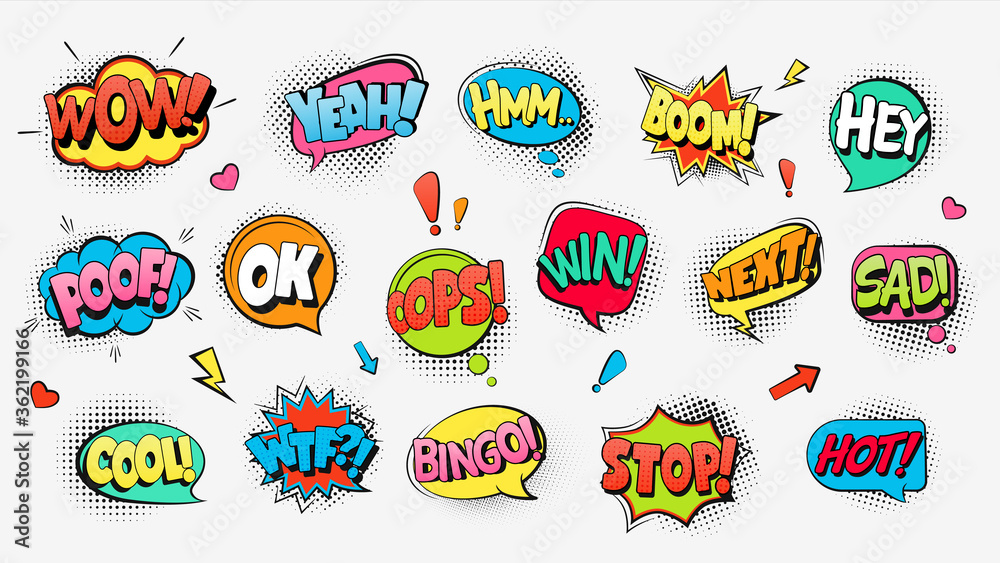 Comic book text speech bubbles. Funny explosive cloud banners with shouts warnings stylish comic design communication chat collection of multicolored cheerful dialogues art speech vector expression.