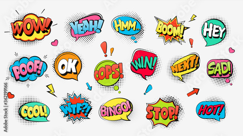Comic book text speech bubbles. Funny explosive cloud banners with shouts warnings stylish comic design communication chat collection of multicolored cheerful dialogues art speech vector expression.