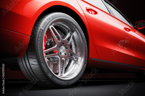Wheel of red sports car closeup in studio lighting 3d © Oleksandr Delyk