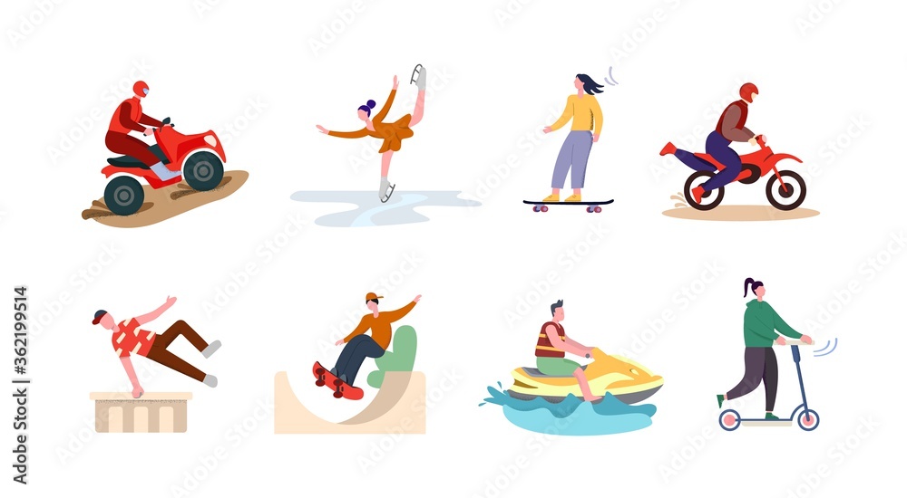 Active sport set. The character is engaged in extreme ATV driving figure skating on ice jumping parkour makes acrobatic jumps on skateboard rides vector water bike rides scooter. Active sport set. The character is engaged in extreme ATV driving figure skating on ice jumping parkour makes acrobatic jumps on skateboard rides vector water bike rides scooter.