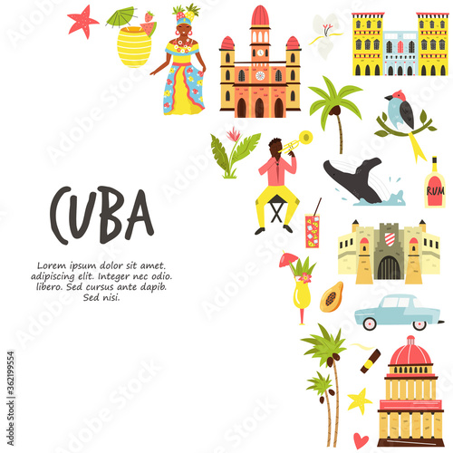 Tourist poster with famous destinations and landmarks of Cuba. Explore Cuba concept image.