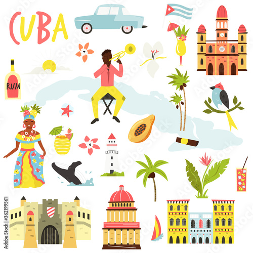 Set of icons, famous symbols of Cuba. Big bundle of vector designs.