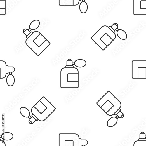 Grey line Aftershave bottle with atomizer icon isolated seamless pattern on white background. Cologne spray icon. Male perfume bottle. Vector Illustration.