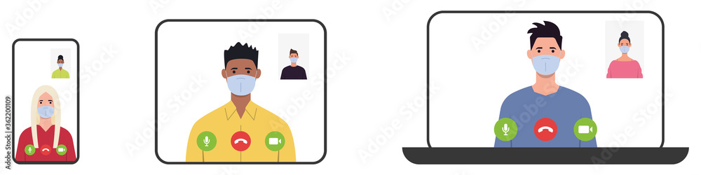 Video call during an outbreak of COVID-19 disease. quarantine concept. Video calling via smartphone, planets and laptop. Flat vector illustration.