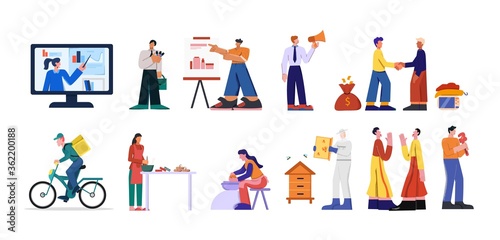Professions set. Experienced plumber master experienced business analyst promoter professional beekeeper potter painter quick delivery courier restaurant chef actor flat folk vector dance.