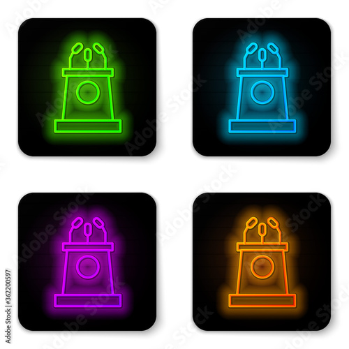 Glowing neon line Stage stand or debate podium rostrum icon isolated on white background. Conference speech tribune. Black square button. Vector Illustration.