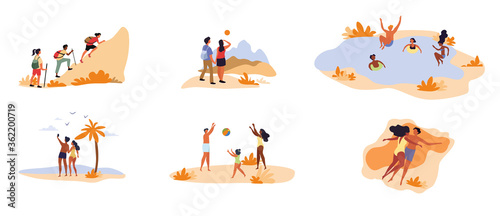 Collection of six different leisure activity scenes with people mountaineering, swimming, hiking, at the seaside, playing ball and sunbathing, colored vector illustration