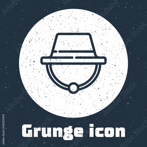 Grunge line Camping hat icon isolated on grey background. Beach hat panama. Explorer travelers hat for hunting, hiking, tourism. Monochrome vintage drawing. Vector Illustration.