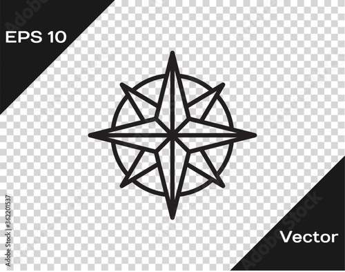 Black line Wind rose icon isolated on transparent background. Compass icon for travel. Navigation design. Vector Illustration.
