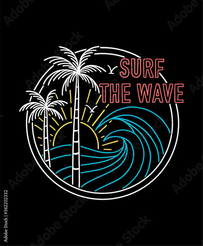 Hand drawn vector neon colors surfing illustrations, for t-shirt prints, posters and other uses.
