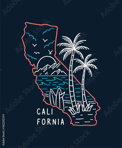 Hand drawn vector neon colors surfing illustrations, for t-shirt prints, posters and other uses.