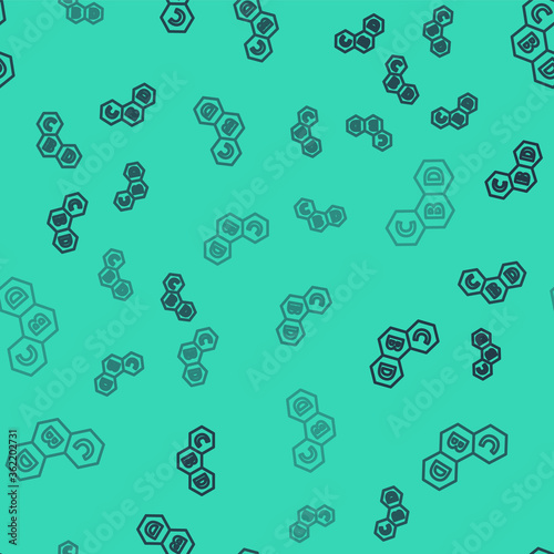 Black line Cannabis molecule icon isolated seamless pattern on green background. Cannabidiol molecular structures, THC and CBD formula. Marijuana sign. Vector Illustration.