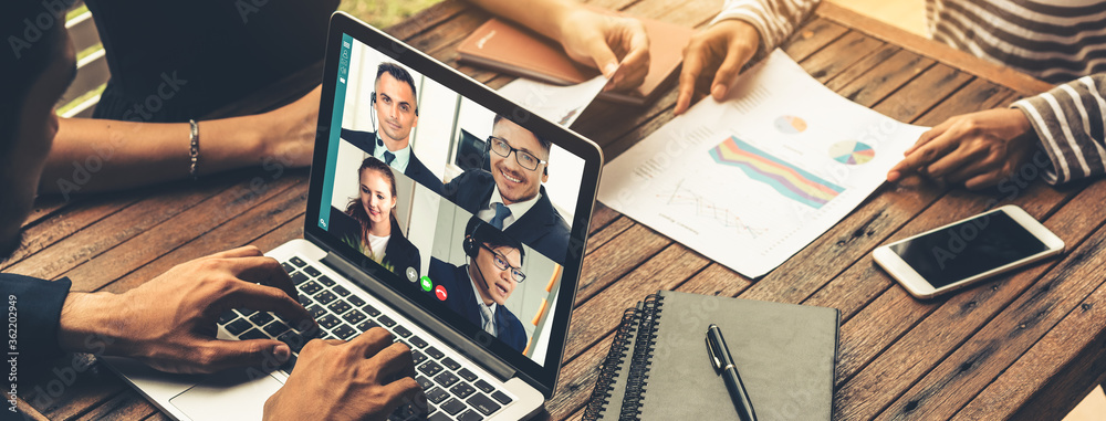 Video call group business people meeting on virtual workplace or remote office. Telework conference call using smart video technology to communicate colleague in professional corporate business. - obrazy, fototapety, plakaty 