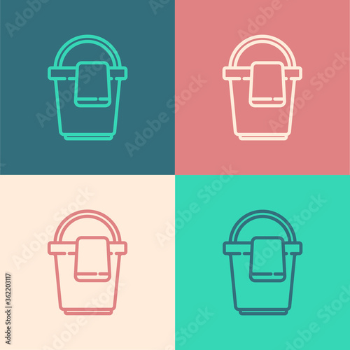 Pop art line Bucket with rag icon isolated on color background. Cleaning service concept. Vector Illustration.