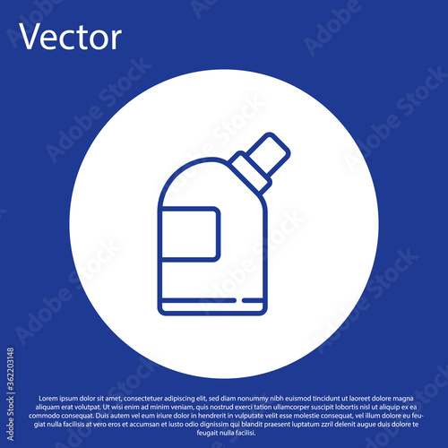 Blue line Plastic bottles for laundry detergent, bleach, dishwashing liquid or another cleaning agent icon isolated on blue background. White circle button. Vector Illustration.