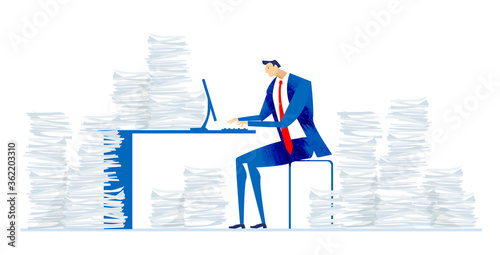 Businessman overloaded with paper work, working late hours under the stress. Financial and economical crisis, competition in professional life, dead line concept illustration.  