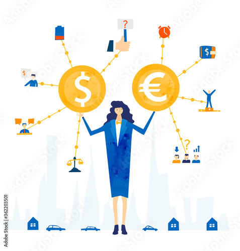 Business woman, banker surrounded by communication icons and currency symbols dollar and Euro. Business concept