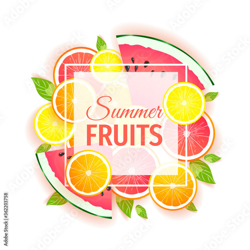 Summer fruits banner with Lemon, Orange, Grapefruit and watermelon. Vector illustration for cafe menu, cover, flyer, banner, poster.