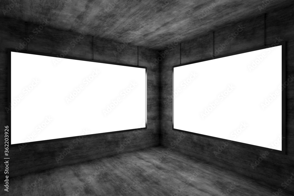 Blank space screen in the dark room. Two white screens. 3d rendering