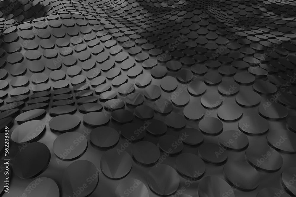 Black hi-tech background whith circles. Embossed surface. 3d rendering.