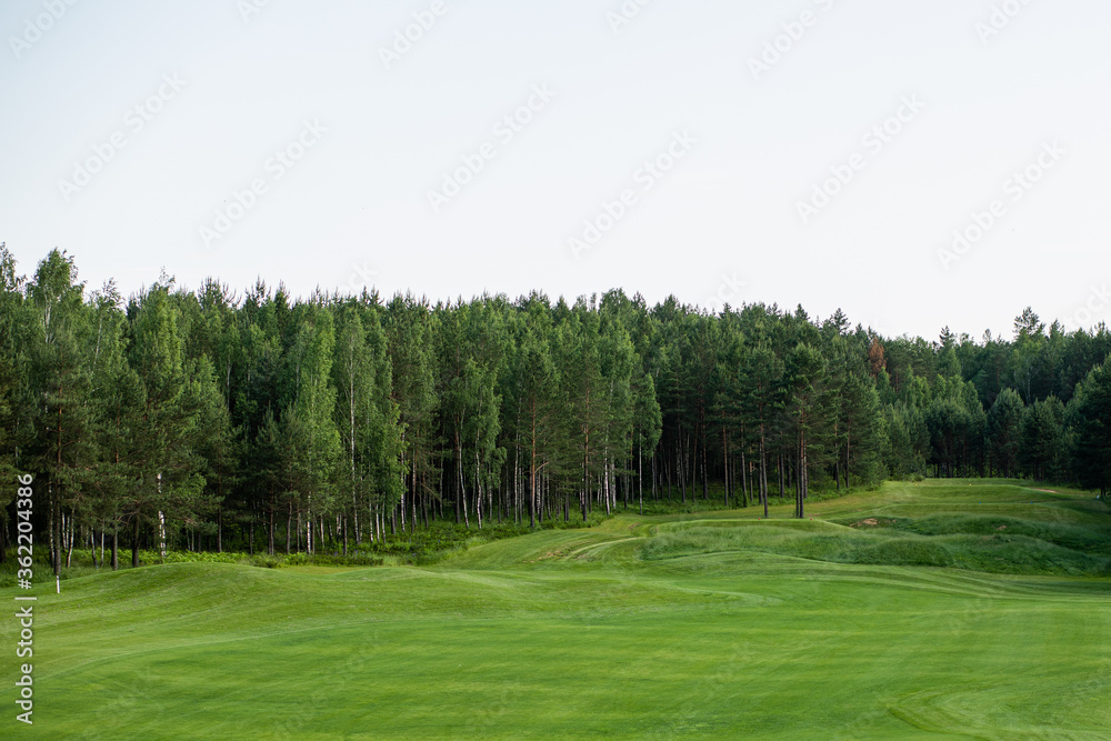 The photo shows a golf course, green grass and trees.