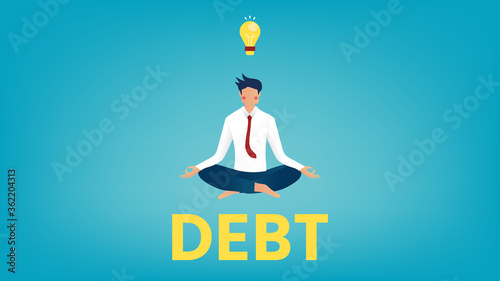 Businessman is meditating and floating on  "DEBT" lettering, yellow light bulb above head, pink cheek character on gradient blue background