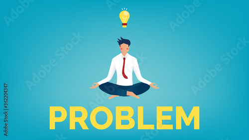 Businessman is meditating and floating on "PROBLEM" lettering, yellow light bulb above head, pink cheek character on gradient blue background