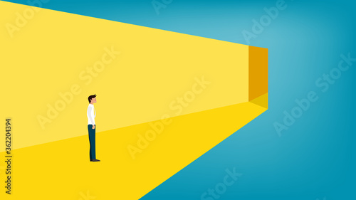 Business vision, business man looks at the open door, relax color and atmosphere concept, vector illustration for graphic design, website or banner