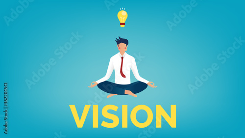 Businessman are meditate and floating on a vision lettering, yellow light bulb above head, pink cheek character on gradient blue background